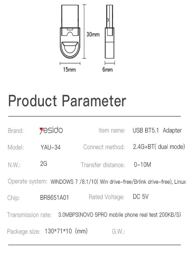 Yesido YAU34 Mini USB Bluetooth 5.1 Adapter for PC/Laptop