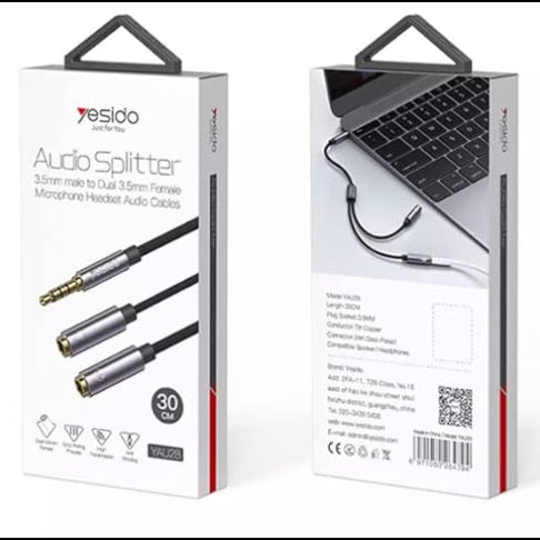 YESIDO YAU28 3.5mm Audio Splitter – Dual Headphone & Mic Adapter