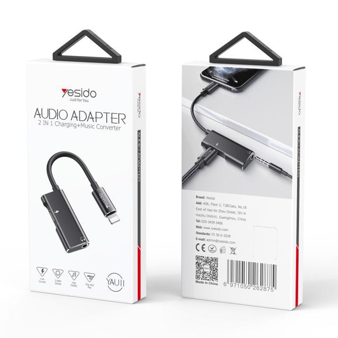 YESIDO 2 In 1 Audio Adapter Convert For Lightning To Lightning And 3.5mm Port Splitter