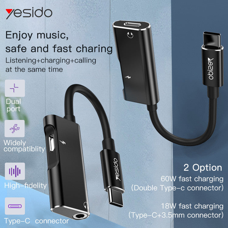 YESIDO YAU22 2‑in‑1 Type‑C to Type‑C & 3.5mm Audio Adapter