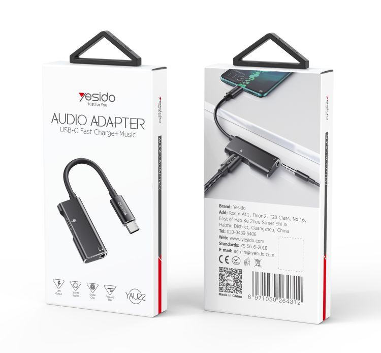YESIDO YAU22 2‑in‑1 Type‑C to Type‑C & 3.5mm Audio Adapter