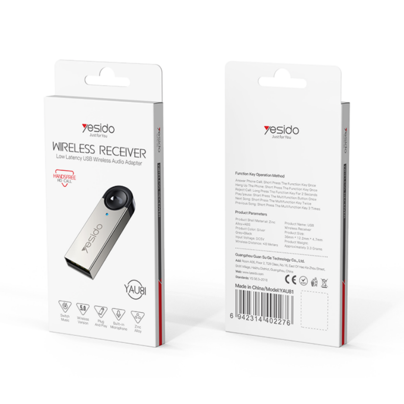 YESIDO YAU81 Bluetooth 5.0 USB Car Audio Receiver – Low Latency, 8 m Range