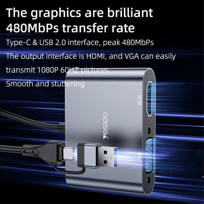 Yesido HM15 Dual Display USB/Type‑C to HDMI & VGA Adapter