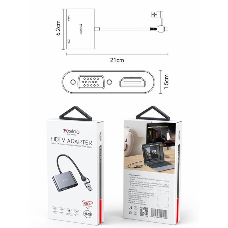Yesido HM15 Dual Display USB/Type‑C to HDMI & VGA Adapter